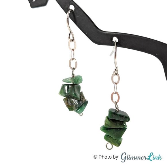 925 Sterling Silver Green Gemstone Stacked Chips Dangle Earrings - Picture 1 of 8